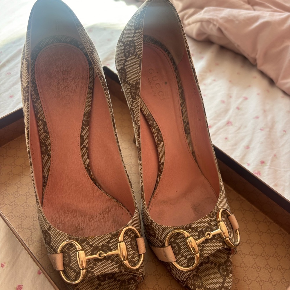 Gucci Women's Patterned Peep-Toe Heels with Gold Accents